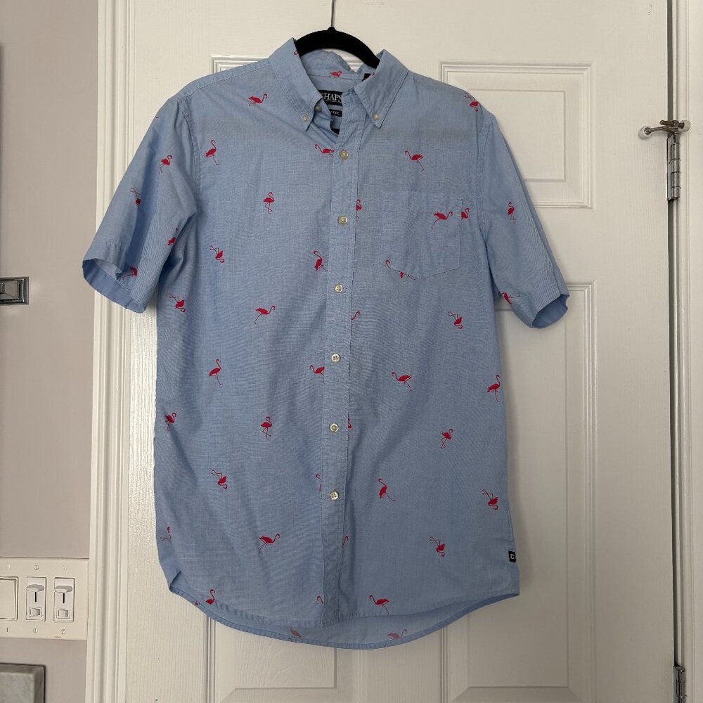 Chaps Men's Blue Red Flamingo Print Short Sleeve Button Down Shirt Preppy M